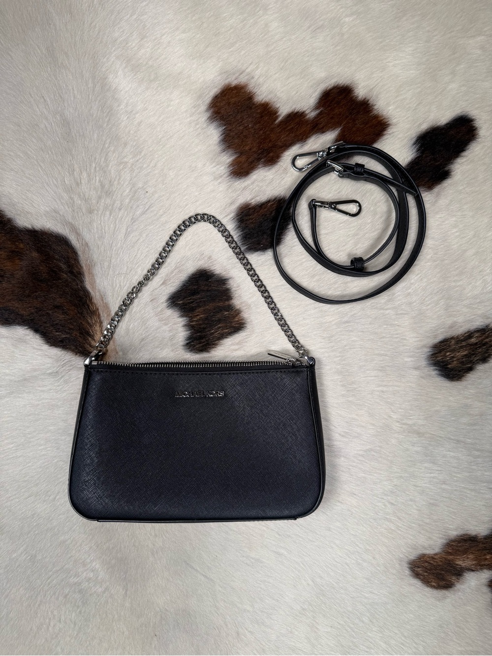 Michael Kors Black Saffiano Leather Convertible Crossbody & Shoulder Bag Silver